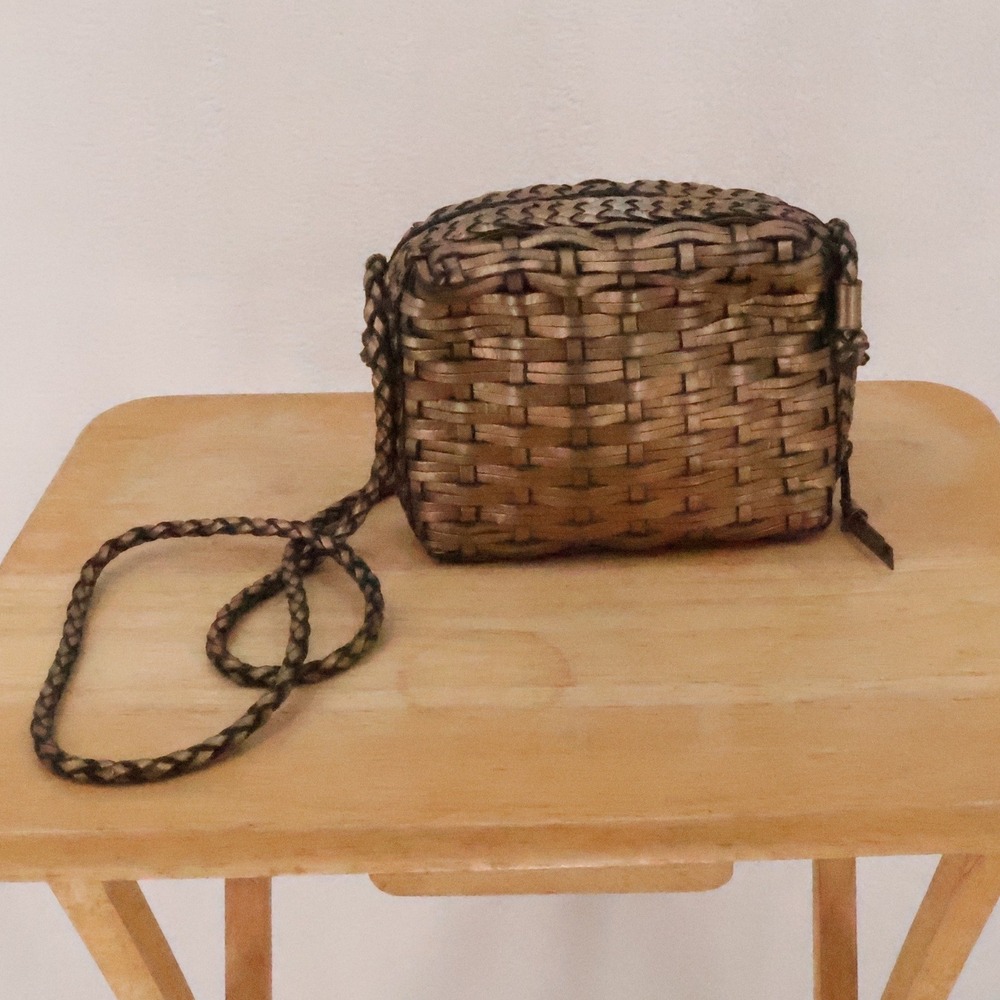 Vintage 70s Saks Fifth Avenue Woven Leather Crossbody Bag Metallic Basketweave
